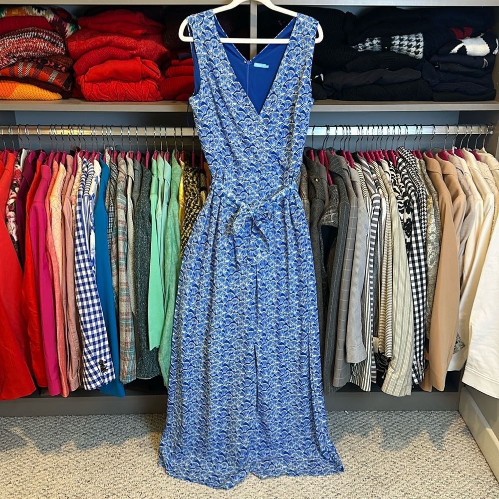 J Mclaughlin blue/white print sleeveless v neck belted zippered jumpsuit size 4